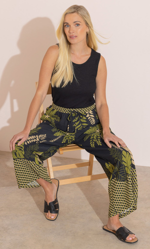 Botanical Print Wide Leg Trousers - Black/Khaki