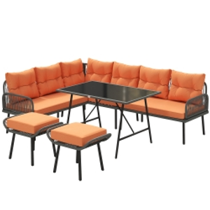 Outsunny 6 Piece Rattan Garden Furniture Set, 8 Seater Garden Corner Sofa with Cushions and Glass Top Table, Orange
