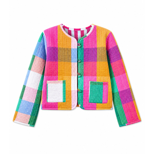 Yumi Multicolour Checked Cropped Reversible Cotton Quilted Jacket (XL)