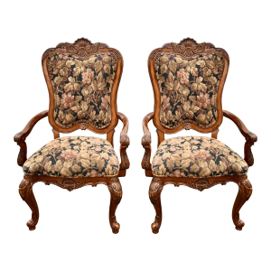 Vintage Pair of Thomasville Carved Tuscan Style Arm Chairs W/Floral Fabric