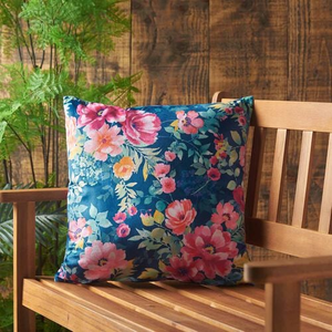 Indoor Outdoor Floral Stripe Navy Cushion 