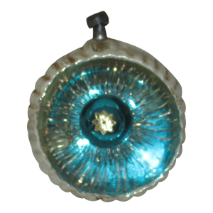 Vintage German Glass Diorama Ribbed Back Wired Blue Ball Christmas Ornament