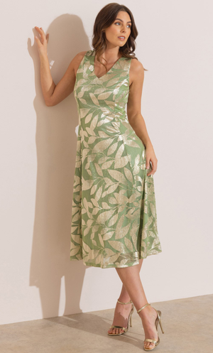 Metallic Leaf Printed Sleeveless Mesh Dress - Olive/Gold