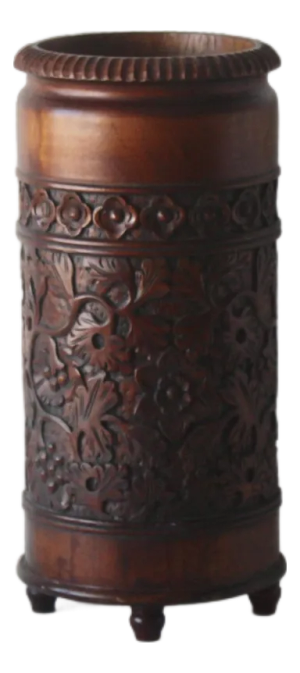 Vintage Chinoiserie Hand Craved Wood Umbrella Stand Floor Vase Floral Motive Details