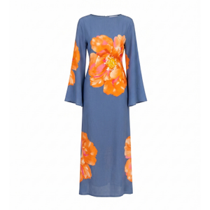 Long Floral Dress With Round Neck And Straps At The Back Blue Denim (one size)