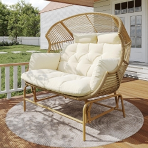 Elegant Garden Rocking Chair with Smooth Motion, Comfortable Hanging Chair with Thick Cushions, 145L x 85W x 143H cm, Beige