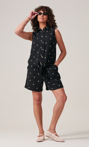 Embroidered Textured Sleeveless Cotton Top - Black/White