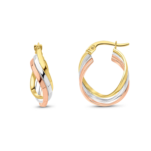 9ct Two Tone Yellow, White and Rose Gold 3 Row Curved Hoop Earrings