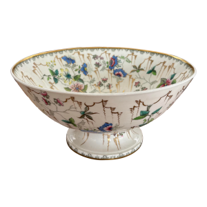 Early 20th Century Antique All Over Floral Pedestal Centerpiece Bowl With Gold Accents