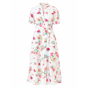 Yumi White Floral Print Cotton Broderie Anglaise Midi Shirt Dress (XL)