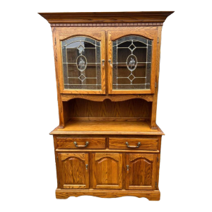 Mid 20th Century Vintage Solid Oak Two-Part Leaded Glass Hutch Cabinet