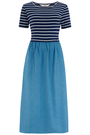 Rhian Jersey & Woven Mix Midi Dress Navy, Off White, Stripe & Denim (S)