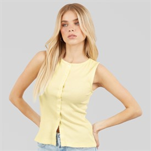 Brave Soul Womens Picot Button Down Vest Lemon/White