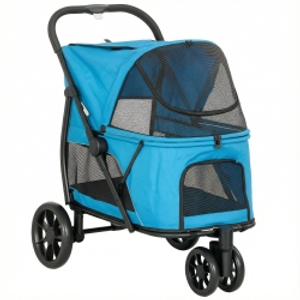 PawHut Carrito para Perros Plegable con 3 Ruedas Ventanas de Malla Cojín Lavable Todo Terreno Carga 20 kg 92x63x95 cm Azul