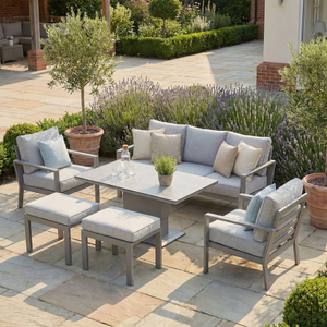 Maze - Montreal Aluminium 3 Seat Garden Sofa Dining Set with Rising Table & Footstools - Cool Linen