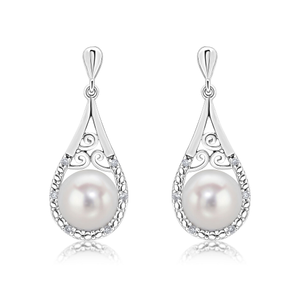 9ct White Gold Freshwater Cultured Pearl and Grain Set Natural Diamond Pear Shaped Drop Earrings