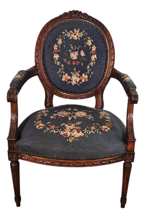 Vintage Louis XVI Needlepoint Accent Chair French Medallion Fauteuil Floral (36.25")