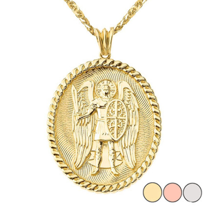 Gold Patron Saint Michael Archangel Medallion Pendant Necklace (Available in Yellow/Rose/White Gold)