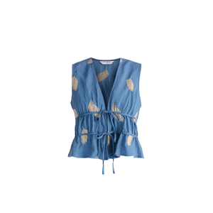 Leaf Embroidered Tie Front Waistcoat In Blue (S)