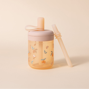 Patterned / Peach Bloom Silicone Training Cup with Straw
