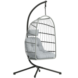 Outsunny Hanging Egg Chair, Indoor Outdoor Hammock Swing Chair with Stand, Safety Strap, Foldable Basket, Light Grey