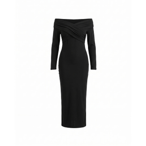 Long Fitted Dress With Long Sleeves, V-Neck And Draped Detail On The Chest Black (L)