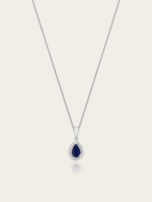 Mary Natural Sapphire & Diamond 9K White Gold Pear Halo Pendant