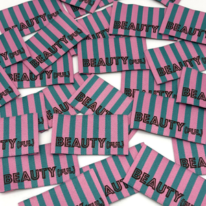 Lot de 5 étiquettes tissées à coudre BEAUTY(ful) rayures vert rose