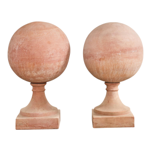 Pair of Tuscan Terracotta Garden Sphere Finials on Pedestals