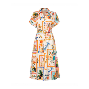 Yumi Ivory Tropical Postcard Print Relaxed Midi Shirt Dress (S)