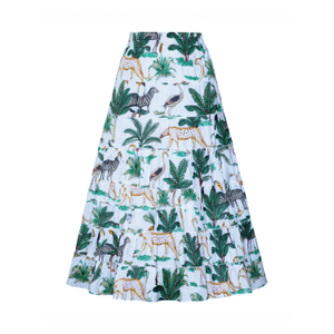 Yumi White Animal Print Cotton Tiered Maxi Skirt (M)