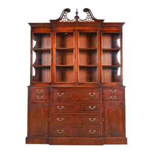 Baker Furniture Style Georgian Flame Mahogany Bubble Glass Breakfront Bookcase Cabinet With Drop Front Secretary Desk
