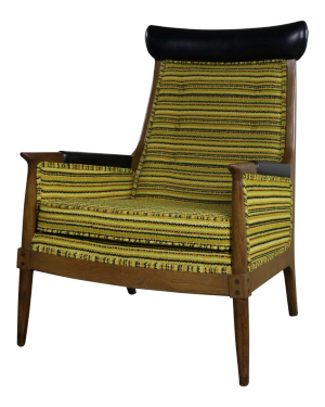 Mid Century Modern Horn Style Armchair With Green Gold & Black Horizontal Striped Upholstery