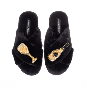 Classic Laines Slippers With Ace Of Champagne Brooches - Black (M)