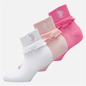 U.S. POLO ASSN. Girls Three Pack Frill Ankle Socks Crystal Rose