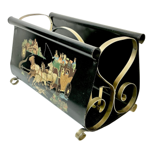 1950s Vintage Arts & Crafts Boho Chic Hand Painted Tole Metal Magazine Rack.