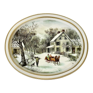 Mid-Century Americana Farmhouse Currier & Ives Metal Tray - The American Homestead, Winter