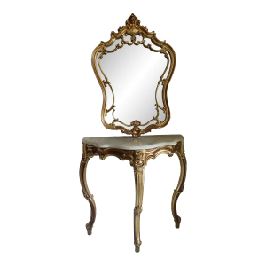 Mid 20th Century Art Deco Rococo Style Union City Mirror and Table Company Gold Gilded Entry Table and Mirror