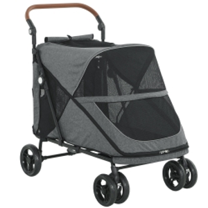 PawHut Carrito para Perros Plegable con un Botón hasta 30 kg con Suspensión en 4 Ruedas Giratorio y Freno de Pie Gris