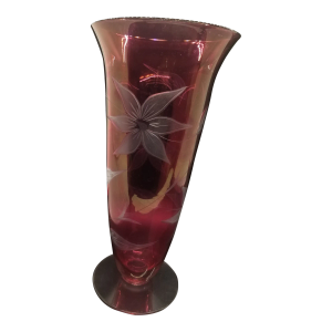 Vintage Cranberry Red Etched Flowers Depression Era Glass Vase