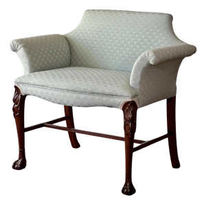 Georgian Carved Mahogany Upholstered Vanity Bench, Celadon Blue, Early 20th Century