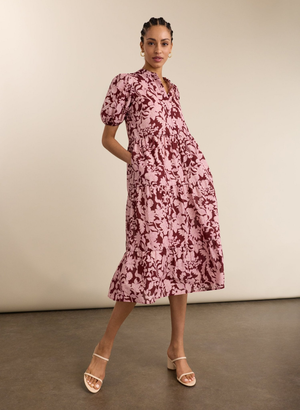 Mariella Organic Printed Midi Dress - UK 16 | EU 42 | US 12 / Burgundy Summer Floral