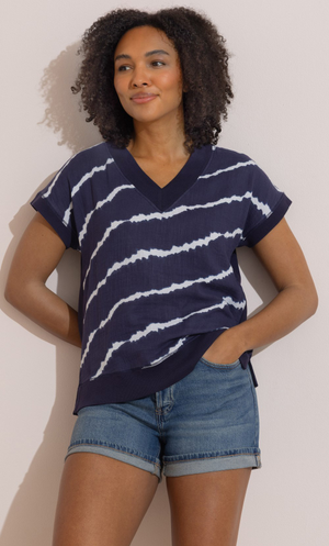 Printed Tie Dye V Neck Cotton Top - Navy/White