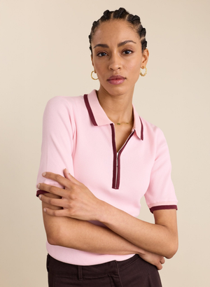 Naomi Organic Rib Zip Collar Top - UK 10 | EU 36 | US 06 / Pastel Pink & Burgundy