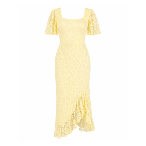 Heidi Yellow Lace Ruched Midi Dress (XXL)