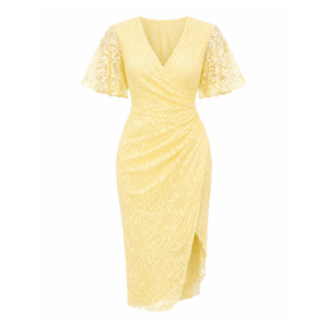 Natasha Angel Sleeve Wrap Midi Dress In Yellow Lace (XXL)