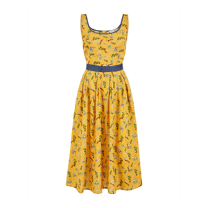Yumi Mustard Floral Skater Dress With Denim Trims (XL)