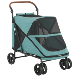 PawHut Carrito para Perros Plegable con un Botón hasta 30 kg con Suspensión en 4 Ruedas Giratorio y Freno de Pie Turquesa
