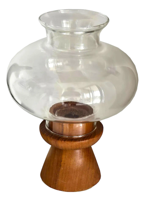 Mid 20th Century Teak Wood Hurricane Candle Holder With Glass Chimney