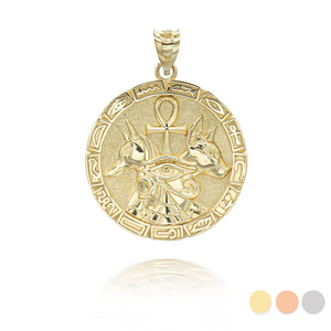 Gold Egyptian Anubis & Bastet Eye of Horus Ankh Medallion Pendant Necklace (Available in Yellow/Rose/White Gold)